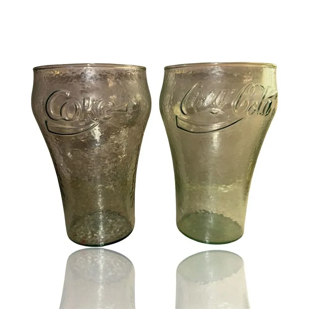 Vintage Coca-Cola Green Embossed Glass Set Retro Bell-Shaped 2-Piece